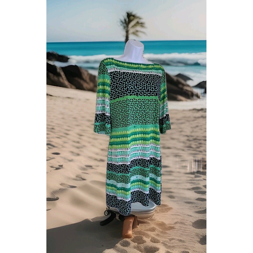 Donna Morgan Shift Dress 12 Green Geometric Print 3/4 Sleeve Popover Artsy Beach